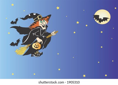 flying witch on a broom with pumpkin on a starry background with bats and moon,for Halloween