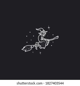 flying witch on broom stick mono line style vector illustration.