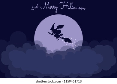 A flying Witch on the broomstick against a backdrop of a big moon with clouds at halloween night. Vintage halloween card vector. Text A Merry Halloween.
