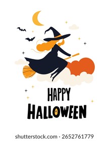 Flying Witch on Broomstick with Bats and Clouds Halloween Night Illustration. Whimsical Halloween Card with Witch in the Night Sky. Festive flat vector Illustration