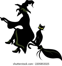 flying witch on a broomstick with a black cat in halloween