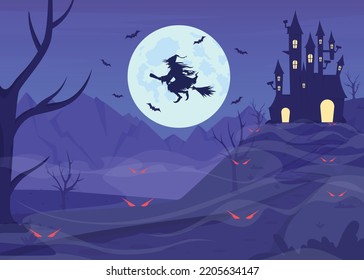 Flying witch on broomstick flat color vector illustration. Full moon magic. Scary aesthetic for fall festival. Fully editable 2D simple cartoon character with spooky Halloween night on background