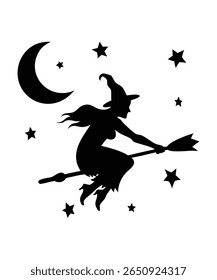  Flying Witch on Broomstick Silhouette Vector with Stars And Crescent Moon for Halloween