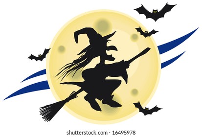 Flying witch on broomstick with some bats and a big moon