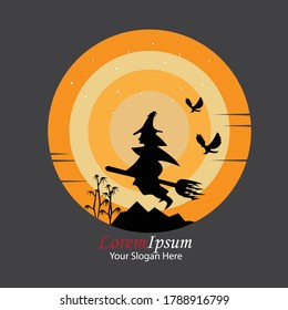 Flying witch on a broomstick. Vector silhouette