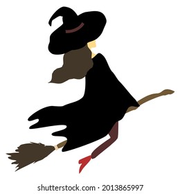 Flying witch, on her broom, wearing black clothes, red high heels and pointed hat, minimal style vector illustration, a symbol and icon for the holidays, namely, Halloween in october.