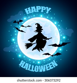 Flying witch on moon background Halloween concept detailed vector