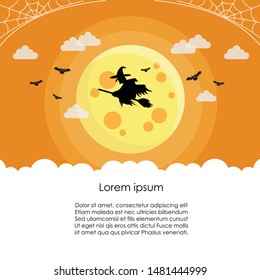 Flying witch on orange background template and web for banner, poster, greeting card. Vector illustration