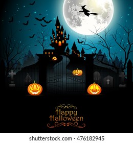 Flying witch with scary graveyard and farmhouse in the woods on the full moon. Vector illustration