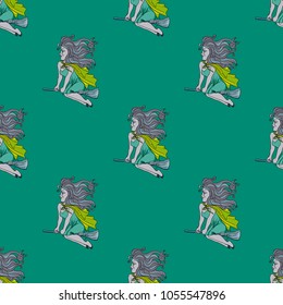 Flying witch seamless pattern. Original design for print or digital media.