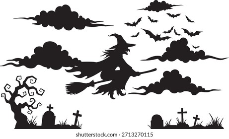 Silueta de la bruja voladora con luna llena – Escena nocturna de Halloween