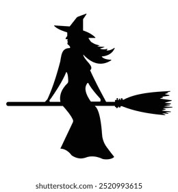 Flying witch silhouette, icon, symbol. Witch icon, vector on a broom. Halloween icon. Vector illustration.