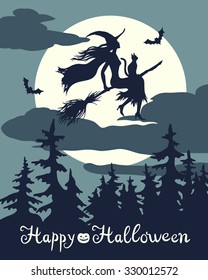 Flying  witch silhouette on broom with cat and bats on background of the full moon, halloween vector  illustration for design, greeting card, invitation.