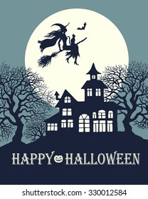 Flying  witch silhouette on broom with cat and bats on background of the full moon, halloween vector  illustration for design, greeting card, invitation.