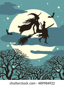 Flying  witch silhouette on broom with cat and bats on background of the full moon, halloween  vintage vector  illustration for design, greeting card, invitation.