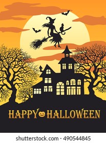 Flying  witch silhouette on broom with cat and bats on background of the full moon, halloween vector  illustration for design, greeting card, invitation.