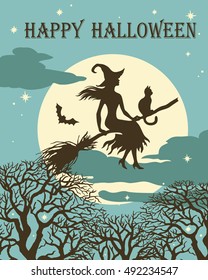 Flying  witch silhouette on broom with cat and bats on background of the full moon, halloween vintage vector  illustration for design, greeting card, invitation.