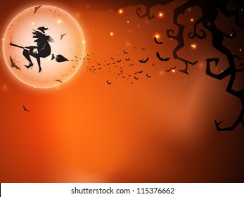 Flying witch silhouette on Halloween moon light night background. EPS 10.