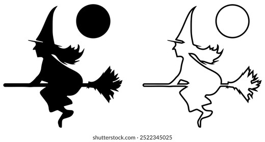 Flying Witch Silhouette Vector Icon Set With Broom.