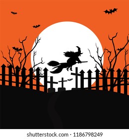 A flying witch with a terrible cemetery in the forest on the full moon. Vector illustration