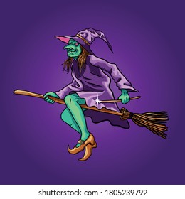 a flying witch using a broom illustration perfect for tshirt