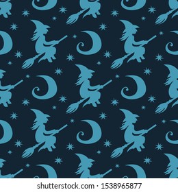 Flying witches on night sky. Seamless pattern. Halloween vector illustration.  Design element for banner, wallpaper, wrapping paper, fabric.