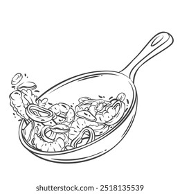 Wok volador con mejillón frito e icono de línea de camarón. Delinea los mariscos y las verduras que caen en la sartén, haciendo comida asiática. Mascota de cocina, Ilustración vectorial de icono de salteado de camarones tailandeses dibujado a mano