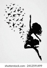 Flying woman. Ascension to heaven, angel. Afterlife. Flying bird flock