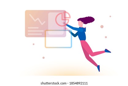 Flying woman in business space with charts and tables. The idea of a woman how easy it is to work at work. Make your work easier. Have everything done at work.