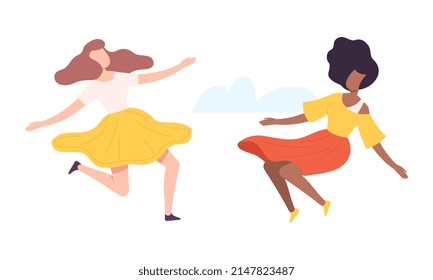 Flying Woman Floating in the Air and Cloud Fantasizing Vector Set