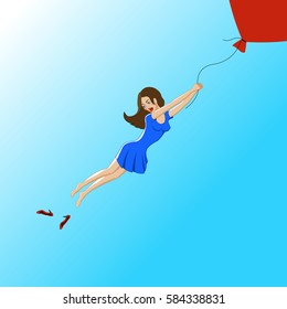 Flying woman on a balloon.Vector illustration.