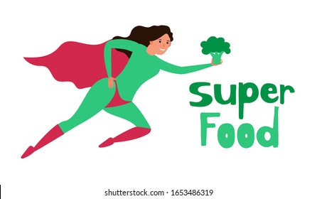 flying woman super hero with broccoli healthy food concept