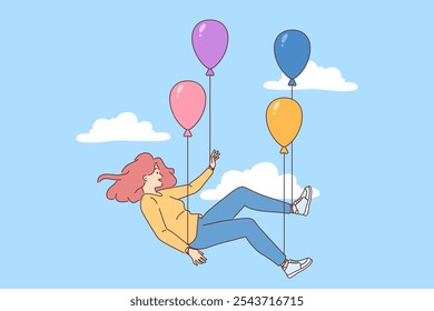 Flying woman tied to balloons floats in blue sky symbolizing freedom and absence of restrictions. Happy girl flies in sleep, travels freely around world on colorful children balloons