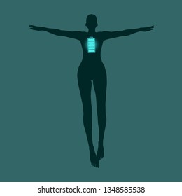 Flying women icon with high full level energy battery emblem