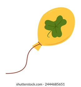 Flying yellow balloon decorated with three leaf clover symbol. Inflatable balloon, holiday event decoration element, Happy Patrick party element. Simple cartoon vector isolated on white background