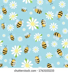 Flying yellow bees cute, with white symmetric daisies illustration over sky blue background.