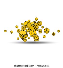 Flying yellow dices of different sizes isolated on white background with shadow. Abstract casino design background, banner with place for your text. Design template. 3d style. Vector illustration