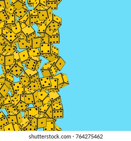 Flying yellow dices isolated on blue background. Abstract casino game design background, vertical banner with place for your text and pictures. Design template. 3d style. Vector illustration