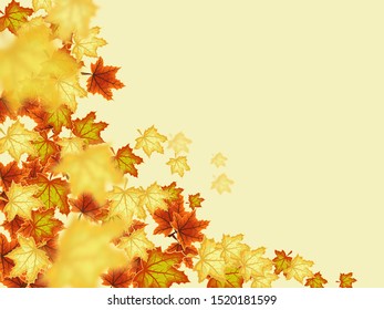 Flying yellow, red falling leaves. Blurred Autumn background. Vector illustration