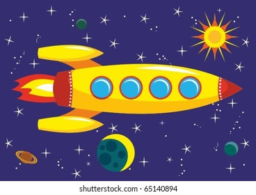 The flying yellow rocket in space