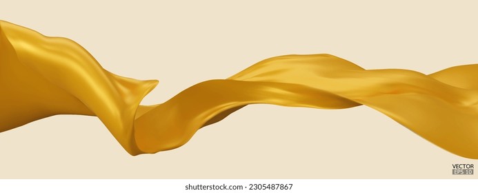 Flying yellow silk textile fabric flag background. Smooth elegant yellow Satin Isolated on beige Background for grand opening ceremony. Yellow curtain. 3d vector illustration.