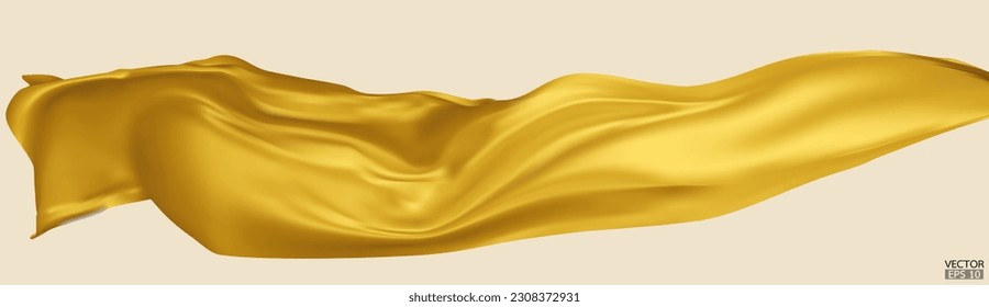 Flying yellow silk textile fabric flag background. Smooth elegant yellow Satin Isolated on beige Background for grand opening ceremony. Yellow curtain. 3d vector illustration