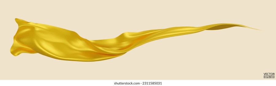 Flying yellow silk textile fabric flag background. Smooth elegant yellow Satin Isolated on beige Background for grand opening ceremony. Yellow curtain. 3d vector illustration