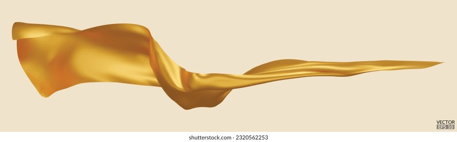 Flying yellow silk textile fabric flag background. Smooth elegant yellow Satin Isolated on beige Background for grand opening ceremony. Yellow curtain. 3d vector illustration