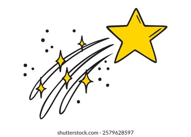 Flying yellow star doodle hand drawn icon set. Outline drawing flying shining gold star line clipart symbol. Vector illustration