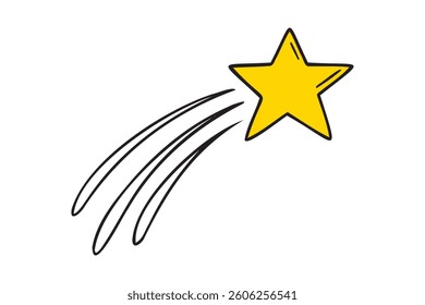 Flying yellow star doodle hand drawn icon set. Outline drawing flying shining gold star line clipart symbol. Vector illustration