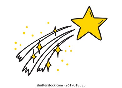 Flying yellow star doodle hand drawn icon set. Outline drawing flying shining gold star line clipart symbol. Vector illustration