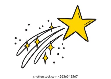 Flying yellow star doodle hand drawn icon set. Outline drawing flying shining gold star line clipart symbol. Vector illustration