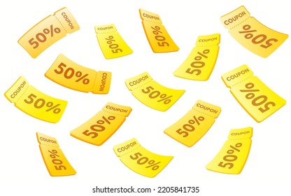 Flying yellows copuons, vouchers, exchange. Discount, profitable purchases. 3d coupons. 3d vouchers. Vector illustration. For discounts, marketing and promotion.