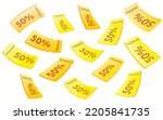 Flying yellows coupons, vouchers, exchange. Discount, profitable purchases. 3d coupons. 3d vouchers. Vector illustration. For discounts, marketing and promotion.